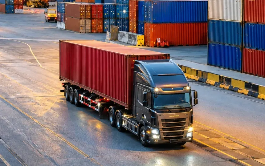 A container truck at a port