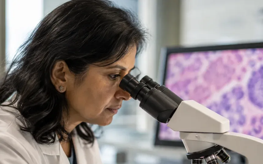 A scientist at a microscope