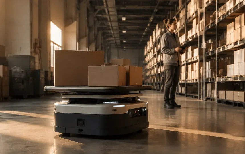 A warehouse robot carrying boxes