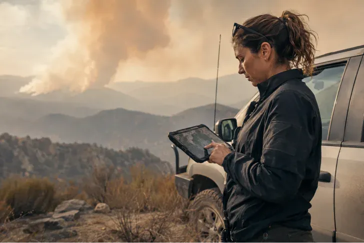 A field worker with a tablet near a wildfire